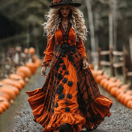 Women's Classic Halloween Black Roses And Orange Plaid Art Comfy Velvet Maxi Dress