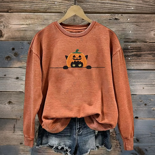 Women's Funny Pumpkin With Black Cat Pattern Casual Halloween Sweatshirt