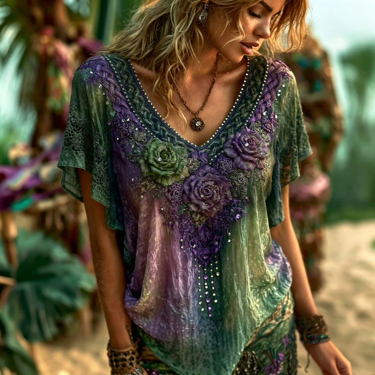 Women's Bohemian Rose Floral Embroidery Sequin Lace Print Top