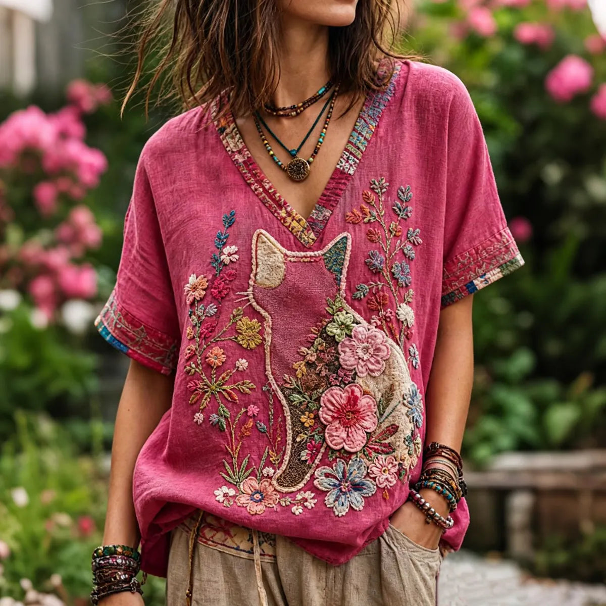Women's Vintage Floral With Cat Art Embroidery Linen Blend V-neck Short-sleeve T-shirt