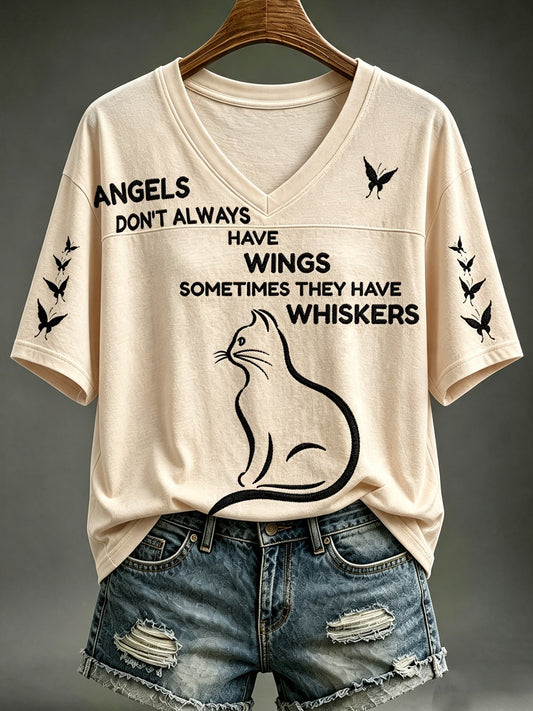 Women's Cat Whiskers Angel Print V-neck Top