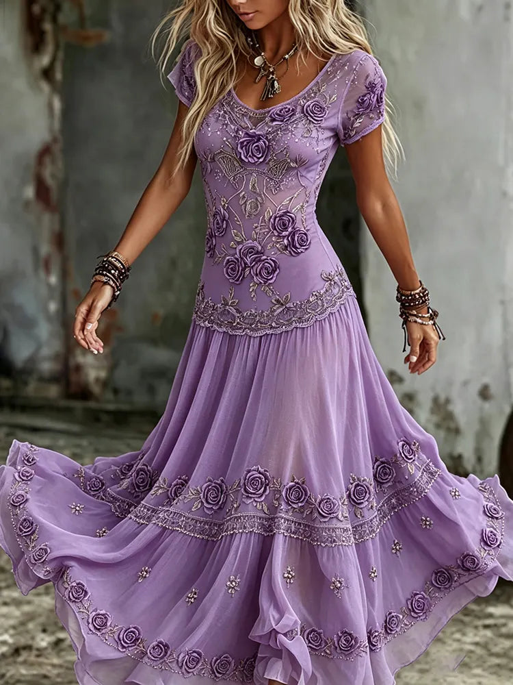 Women's Vintage Purple Rose Embroidered Art Short Sleeve Flowy Maxi Dress
