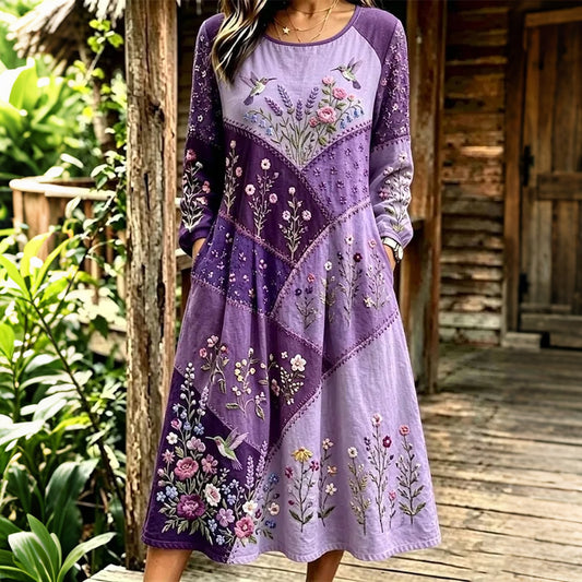 Women's Retro Floral & Hummingbird Patchwork Art Casual Long-sleeved Dress