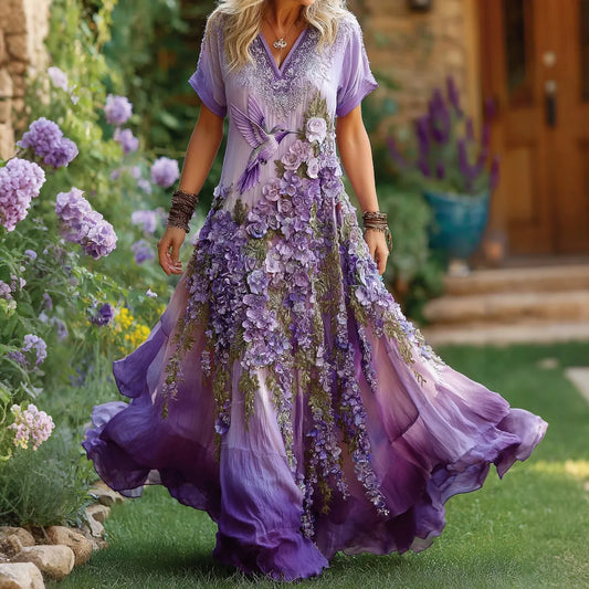 Women's Hydrangea Wisteria Flower Hummingbird Print Alzheimer's Awareness Round Neck Dress