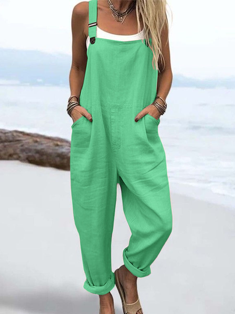 Wome's Vacation Retro Casual Cotton Linen Wide Leg Jumpsuit