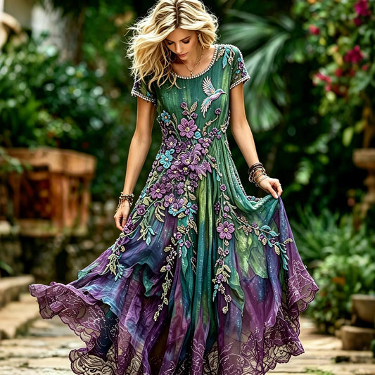Women's Vintage Classy Purple Floral & Hummingbird Print Alzheimer's Awareness Casual Round Neck Dress