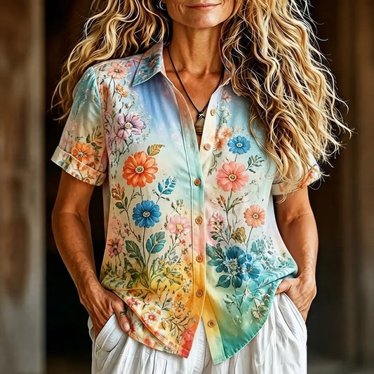 Women's Button-down Short Sleeve Shirt With Gradient Wildflower Print