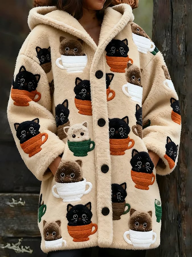 Women's Animal Fun Cat Print Flannel Warm Jacket