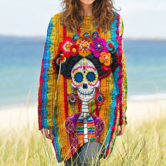 Vintage Mexican Sugar Skeleton Catrina Day Of The Dead Inspired Pattern Long-Sleeve Wool Midi Dress