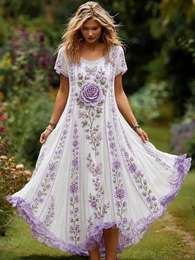 Women's Floral And Butterfly Embroidery Art Flowy Short Sleeve Maxi Dress