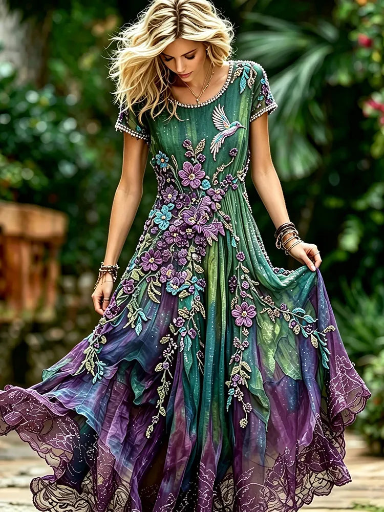 Women's Vintage Classy Purple Floral & Hummingbird Print Alzheimer's Awareness Casual Round Neck Dress