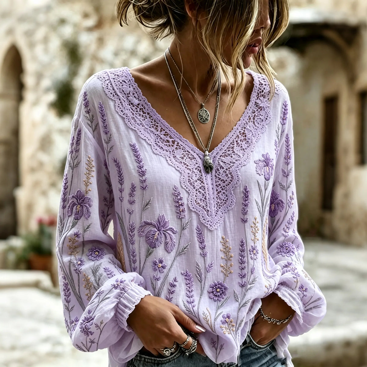 Women's Retro Floral Art Flowy Long Sleeve Linen T-shirt