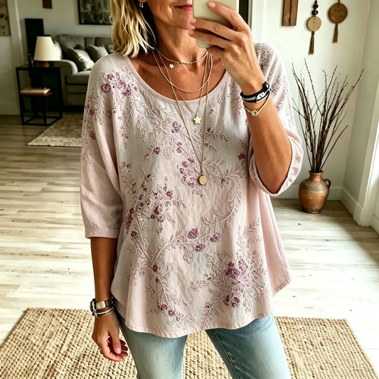 Women's Retro Floral Art Print Casual Cotton Linen Color Block Crew Neck T-shirt
