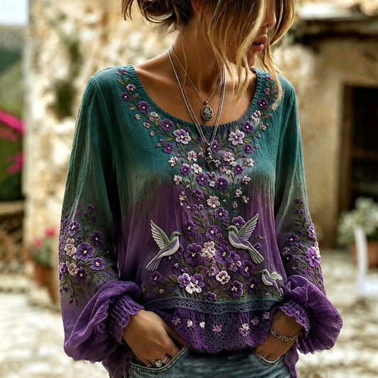 Women's Retro Floral Hummingbird Art Pattern Cotton Linen Round Neck Long Sleeve Top