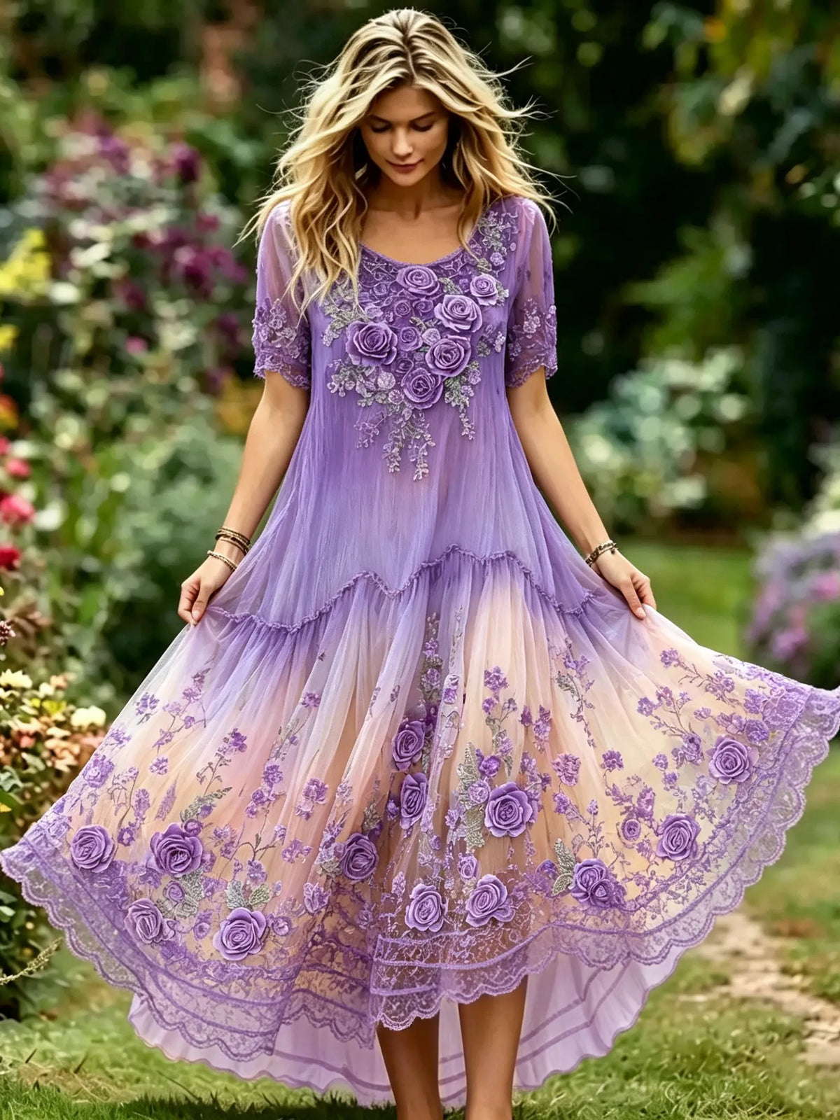 Women's Retro Purple Floral Art Cotton Linen Casual Dress