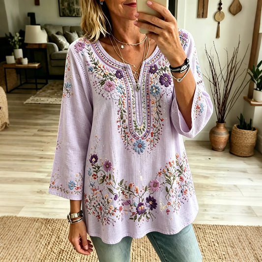Women's Retro Purple Floral Art Cotton Linen V Neck T-shirt