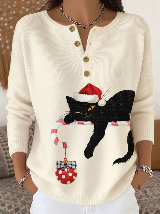 Women's Christmas Cute Cat Print Knit Button Top