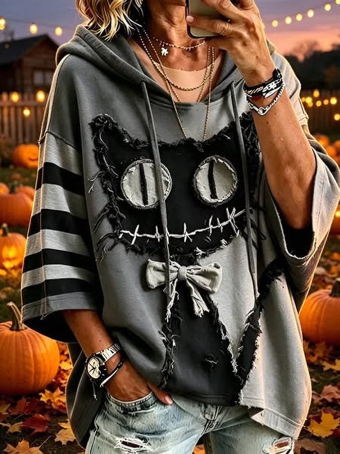 Women's Halloween Cat Print Hoodie