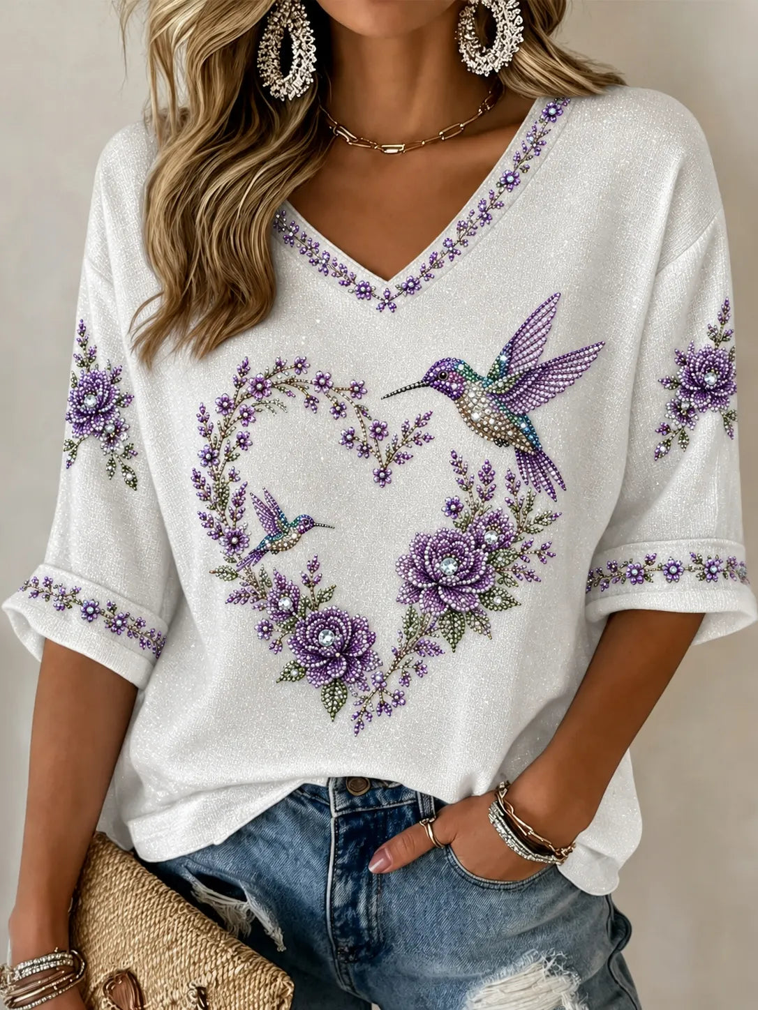 Women's Vintage Floral & Hummingbird Art Print V-neck T-shirt