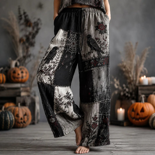Women's Halloween Rose, Crow, And Spiderweb Color-blocked Cotton Linen Pants