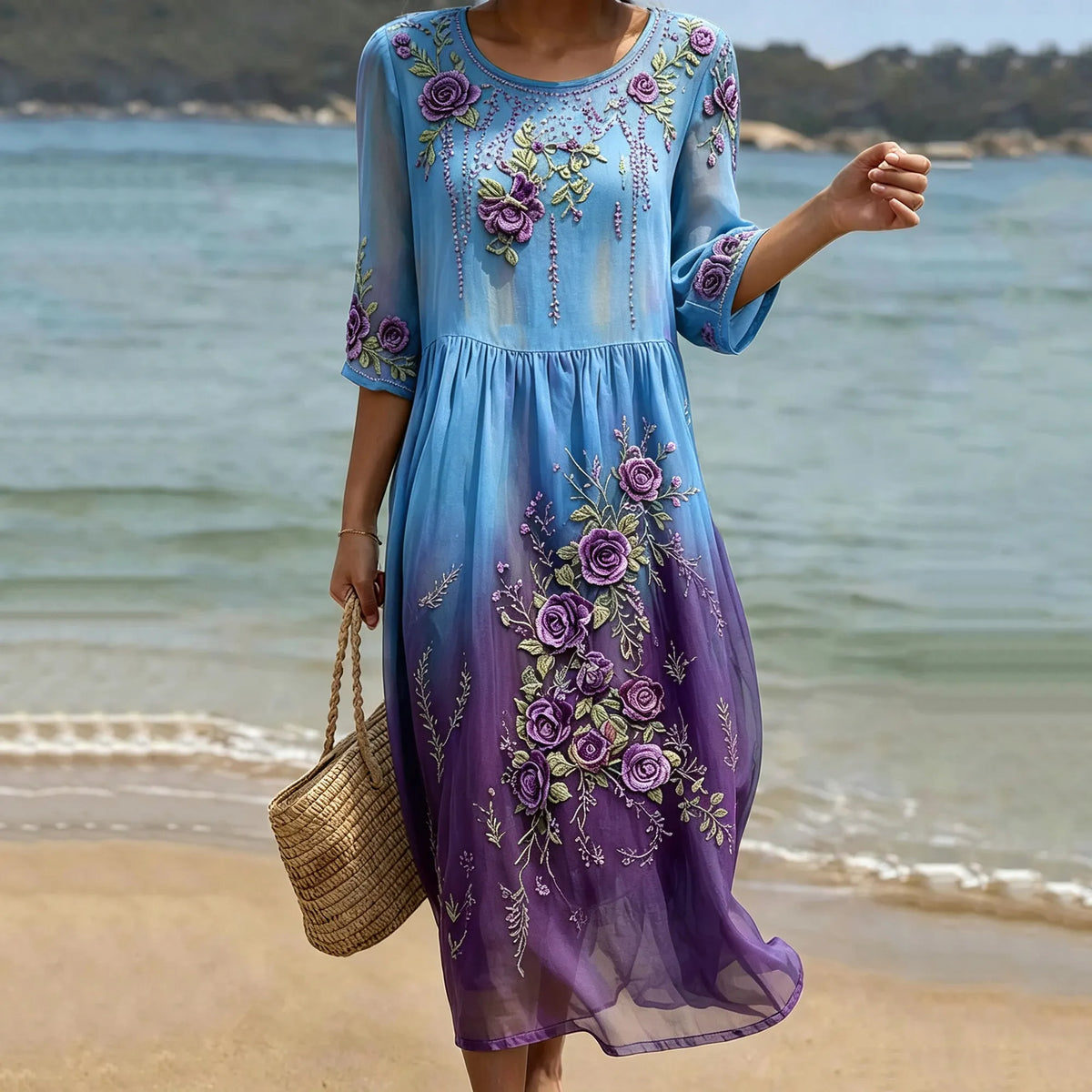 Women's Purple Rose Floral Gradient Pattern Mid-sleeve Casual Dress