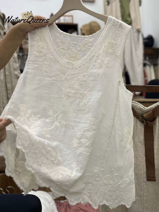 Women's Vintage Lace Sleeveless Cotton and Linen Vest Top