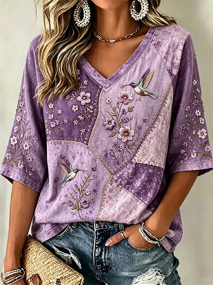 Vintage Classy Purple Floral Art Flowy Linen Blend Three Quarter Sleeves T-shirt