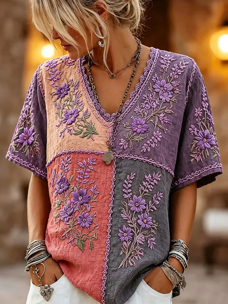 Women's Retro Purple Floral Patchwork Pattern Casual T-shirt