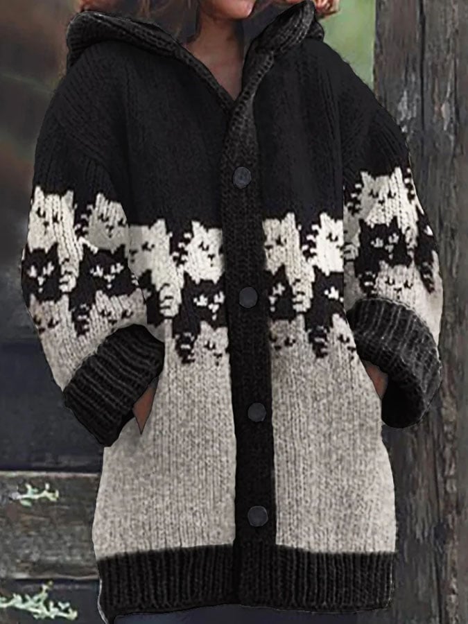 Women's Casual Print Knitted Hooded Cardigan