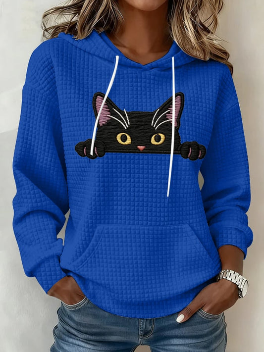 Women's Cat Print Waffle Fabric Hoodie
