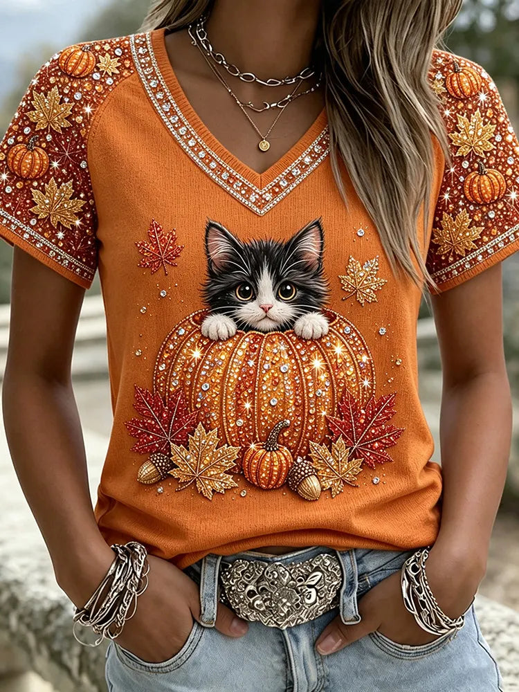 Women's Autumn Pumpkin Cat Art Print V-neck Short Sleeve Casual T-shirt