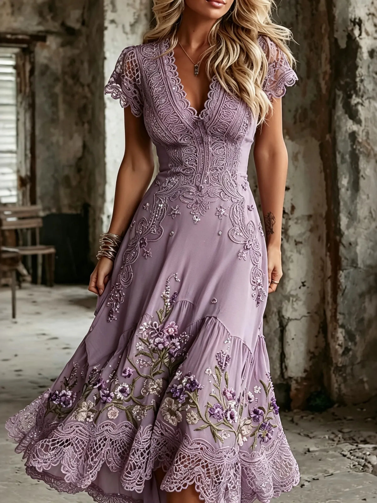 Women's Purple Floral Art Print Casual V Neck Short Sleeve Maxi Dress