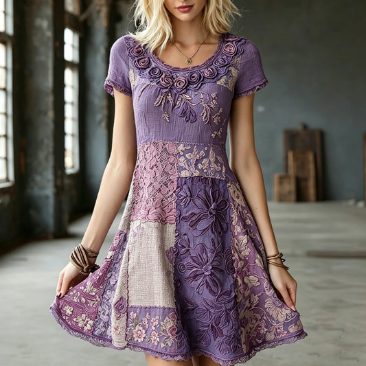 Women's Vintage Floral Embroidery Patchwork Art Round Neck Dress