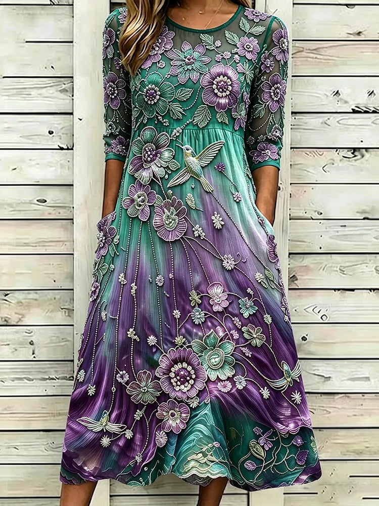 Women's Vintage Classy Purple Floral & Hummingbird Print Alzheimer's Awareness Casual Midi Dress