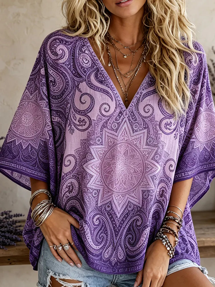 Women's Purple Mandala Geometric Print V-neck Kaftan Blouse