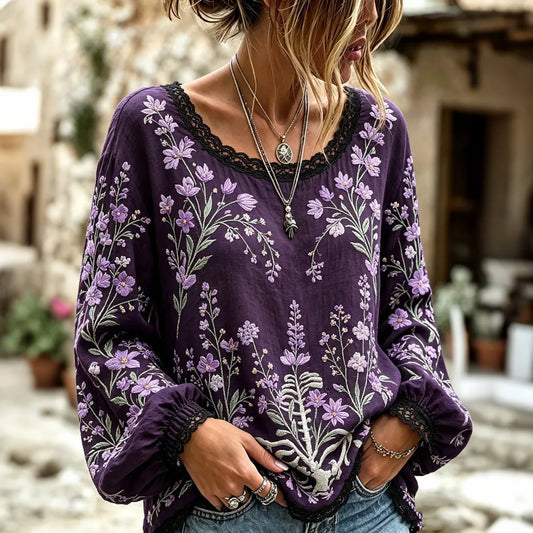 Women's Vintage Floral Embroidery Art Linen Blend Long Sleeve T-shirt
