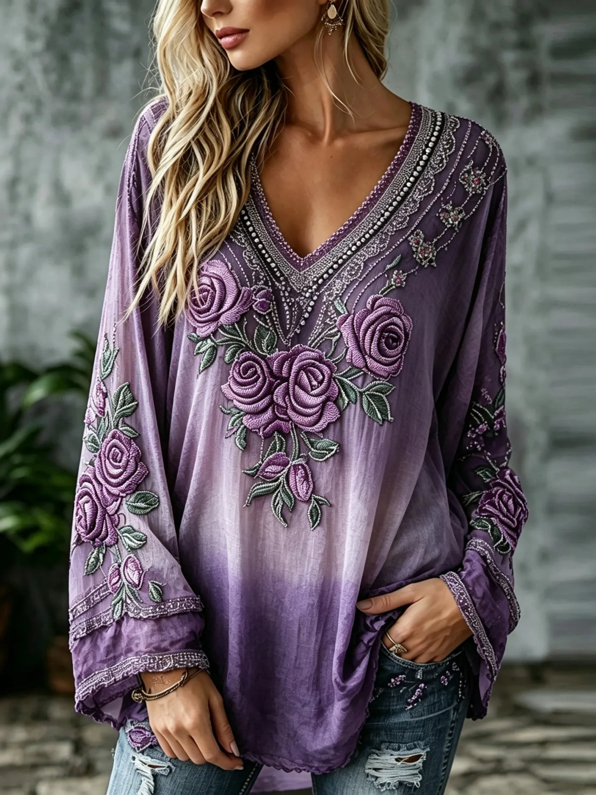 Women's Vintage Floral Art Flowy Cotton Linen V-neck Long-sleeved Top