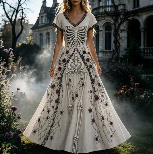 Women's Retro Gothic Skull Floral Pattern Short Sleeves Maxi Halloween Dress