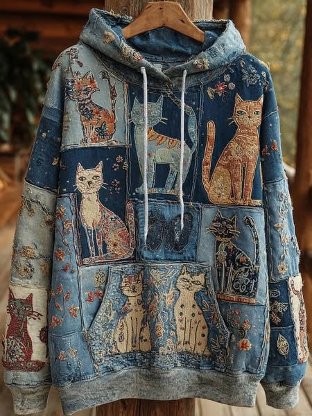 Women's Artistic Cat Print Casual Pocket Hoodie