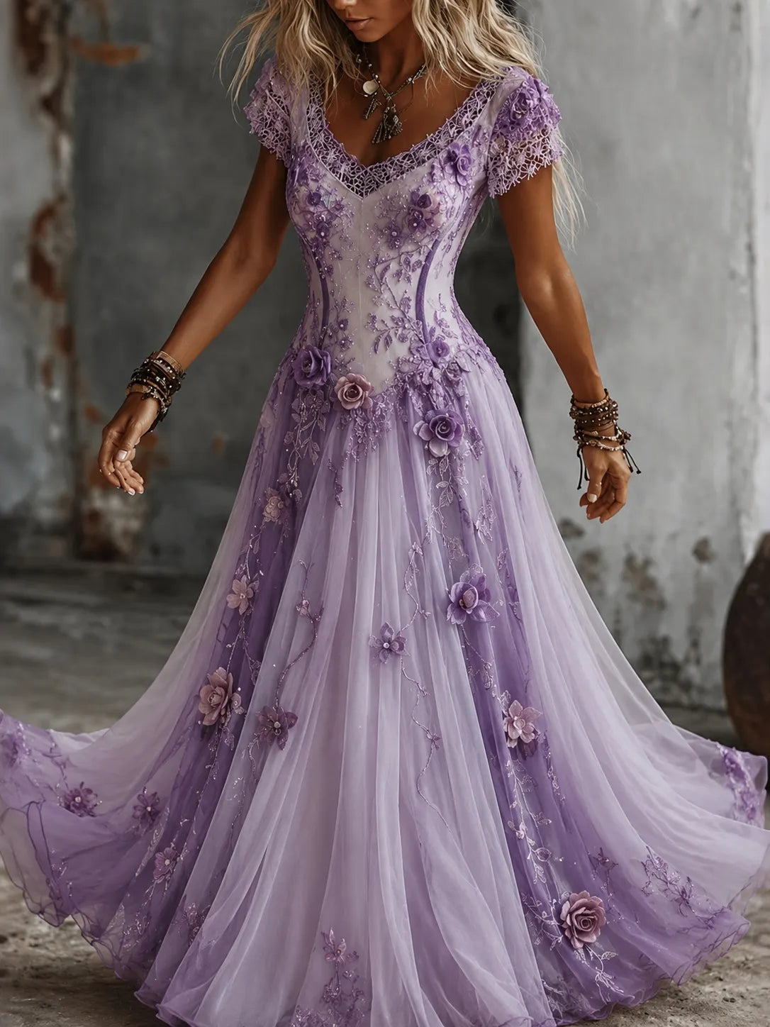 Women's Purple Bohemia Floral Embroidered Gradient Art Flowy Maxi Dress