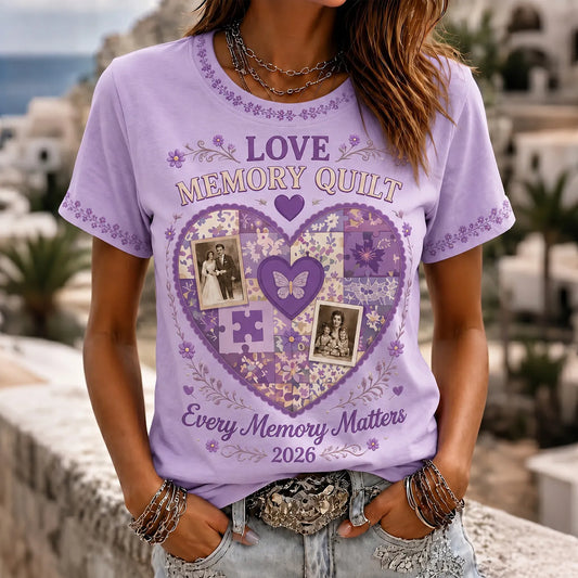 Women's Memory Quilt Love Art Pattern Alzheimer Awareness T-shirt