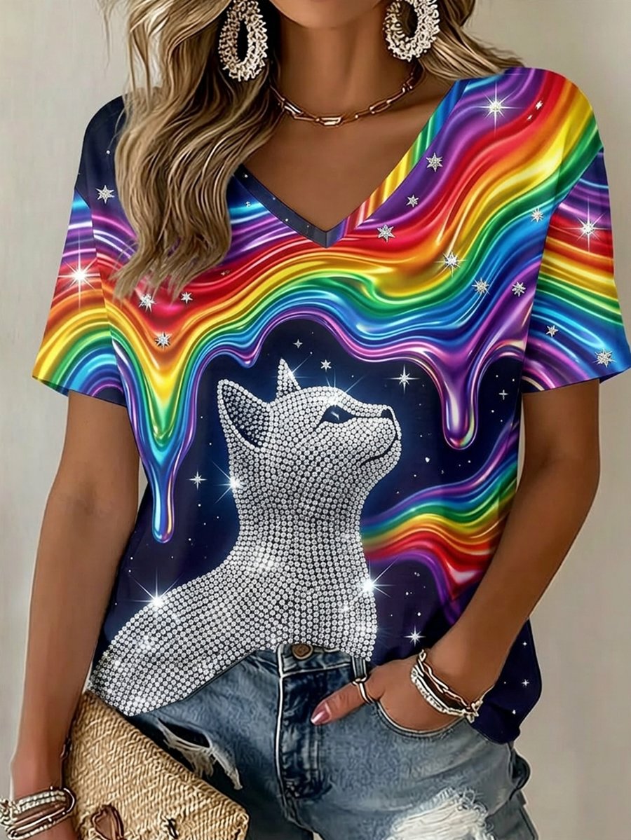 Women's Rainbow Cat Print V-Neck T-shirt