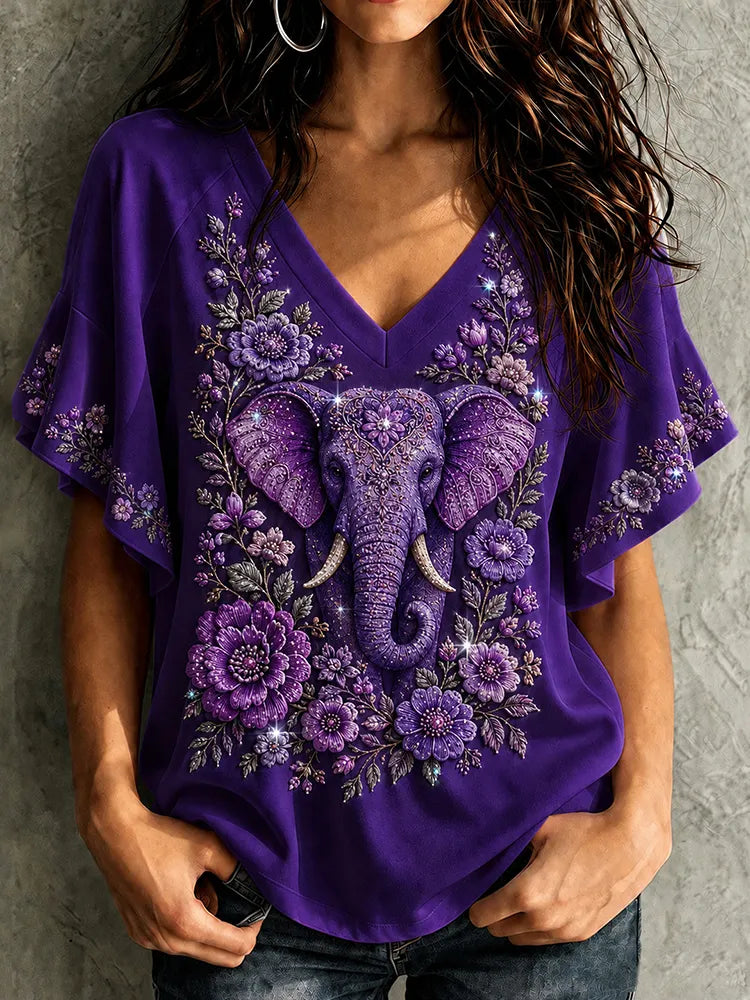 Women's Vintage Elephant And Floral Embroidery Art V-neck T-shirt