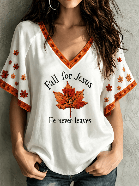 Women's "Fall For Jesus He Never Leaves" T-Shirt