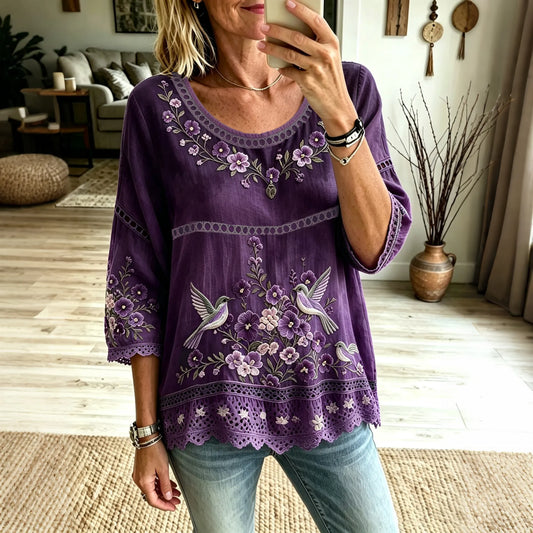 Women's Floral Hummingbird Art Pattern Three-quarter Sleeve T-shirt