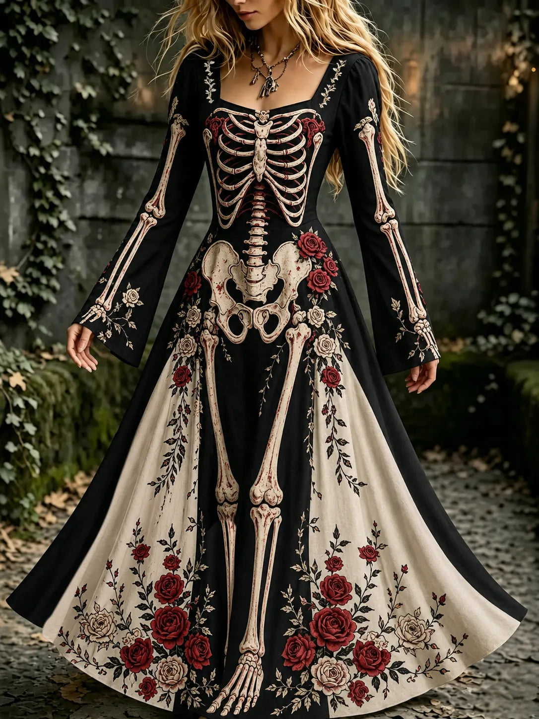 Women's Halloween Gothic Skeleton & Floral Long-sleeve Maxi Dress