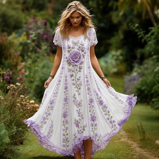 Women's Floral And Butterfly Embroidery Art Flowy Short Sleeve Maxi Dress