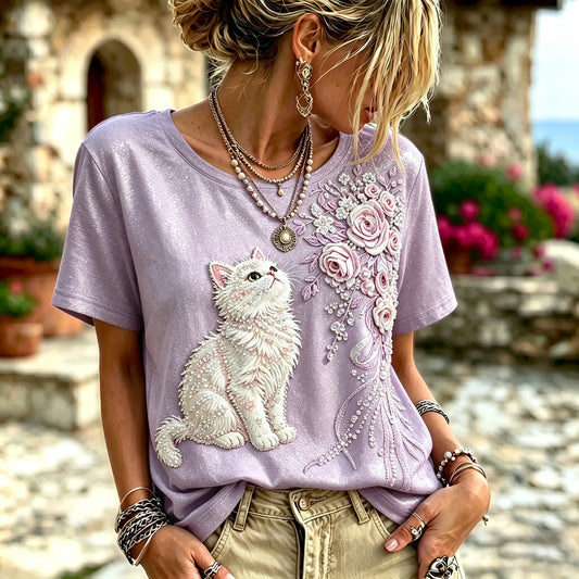 Women's Vintage Cute Cat And Floral Embroidery Art Round Neck Short Sleeve T-shirt