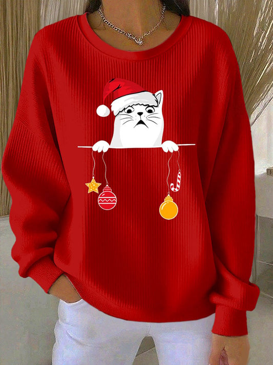 Women's Cat Print Knit Crew Neck Long Sleeve Top