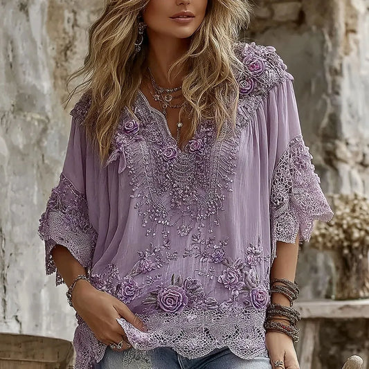 Women's Retro Purple Floral Embroidery Casual Mid-sleeve T-shirt
